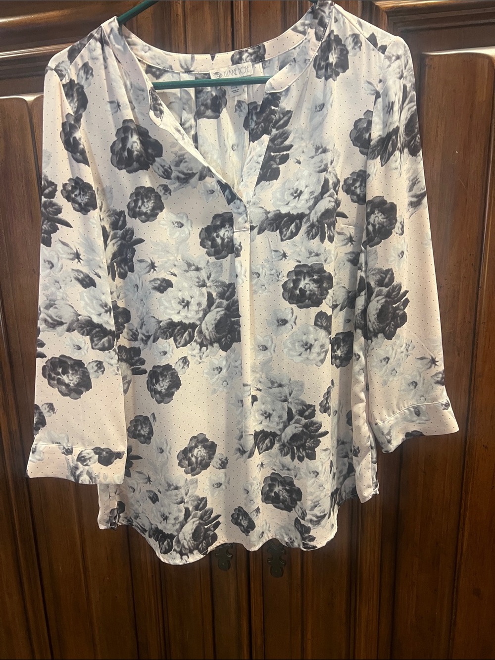 Women's White Floral V-Neck Blouse with Gray Bloom Print